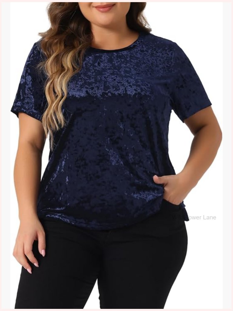 Plus Size Velvet Crew Neck Short Sleeve T-Shirt Tee